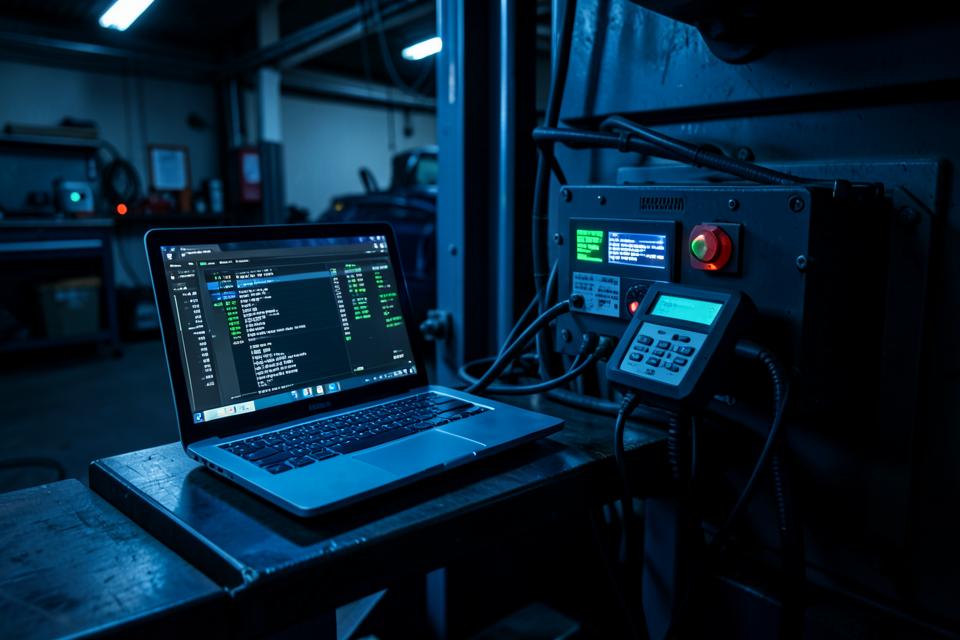 Notebook com scanner de diagnóstico eletrônico conectado a caminhão