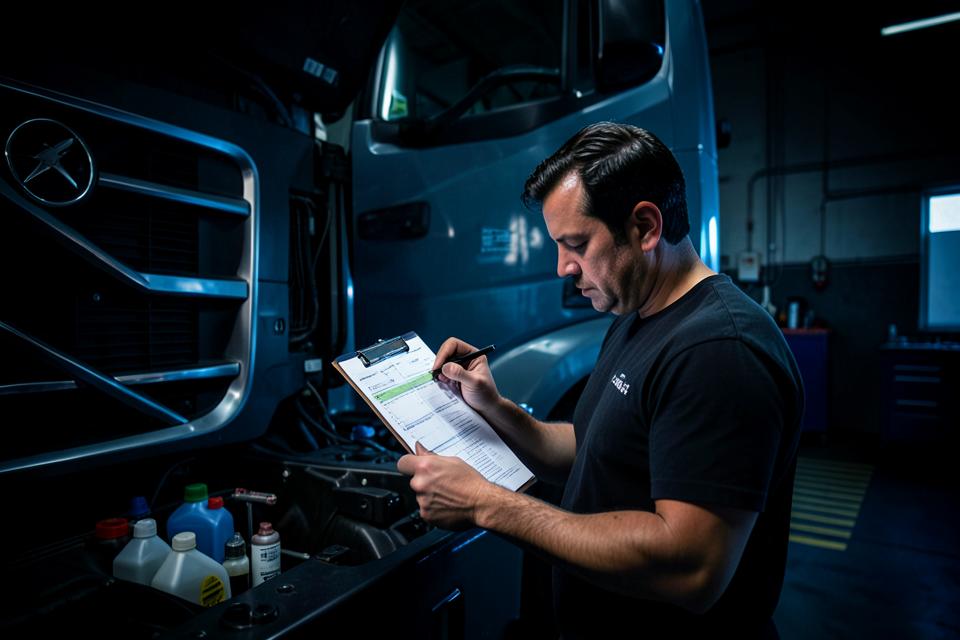 Mecânico realizando checklist de revisão preventiva em caminhão pesado